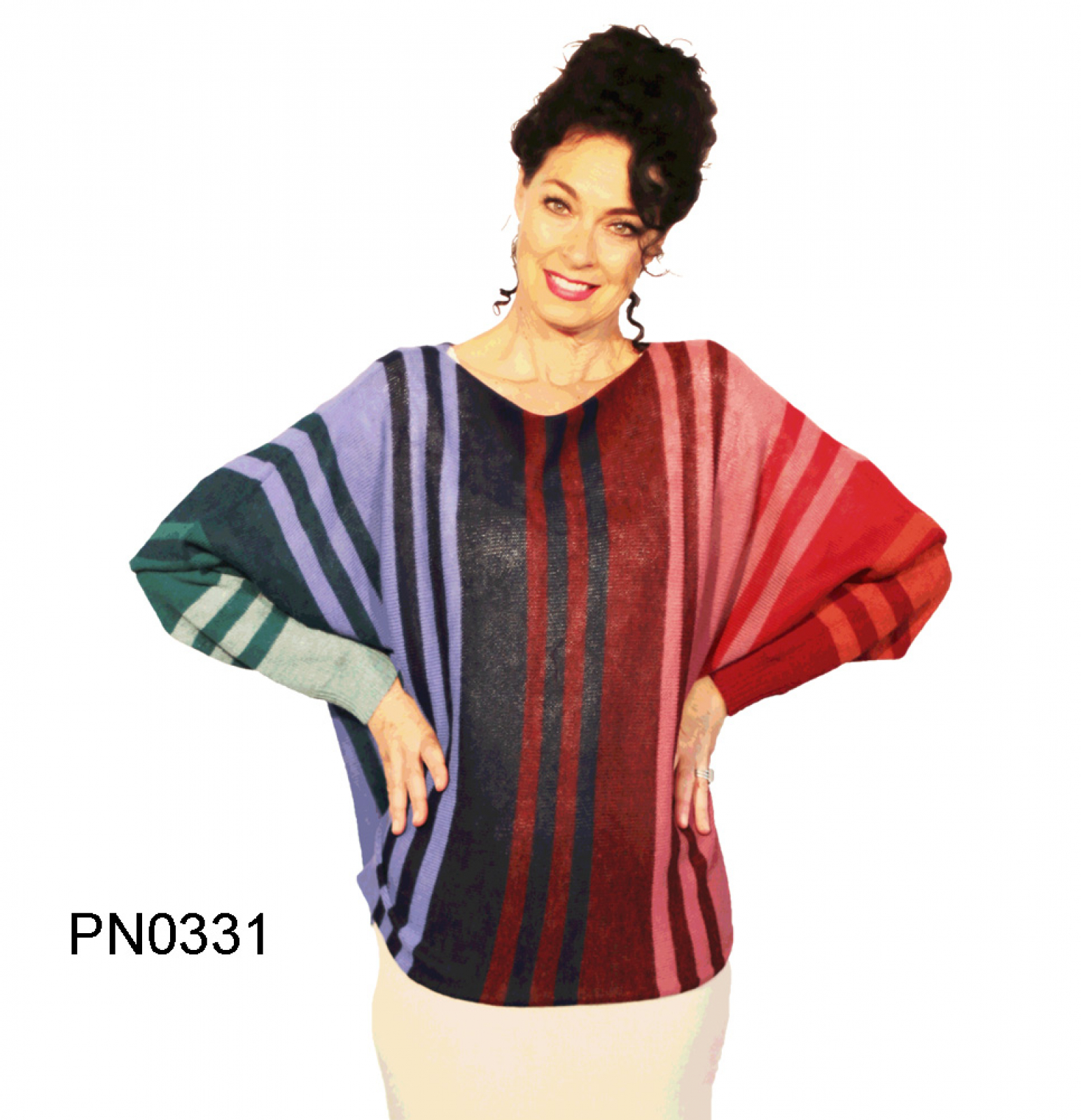 Damen Fledermaus-Pullover in Alpaka, Regenbogenfarben, langarm